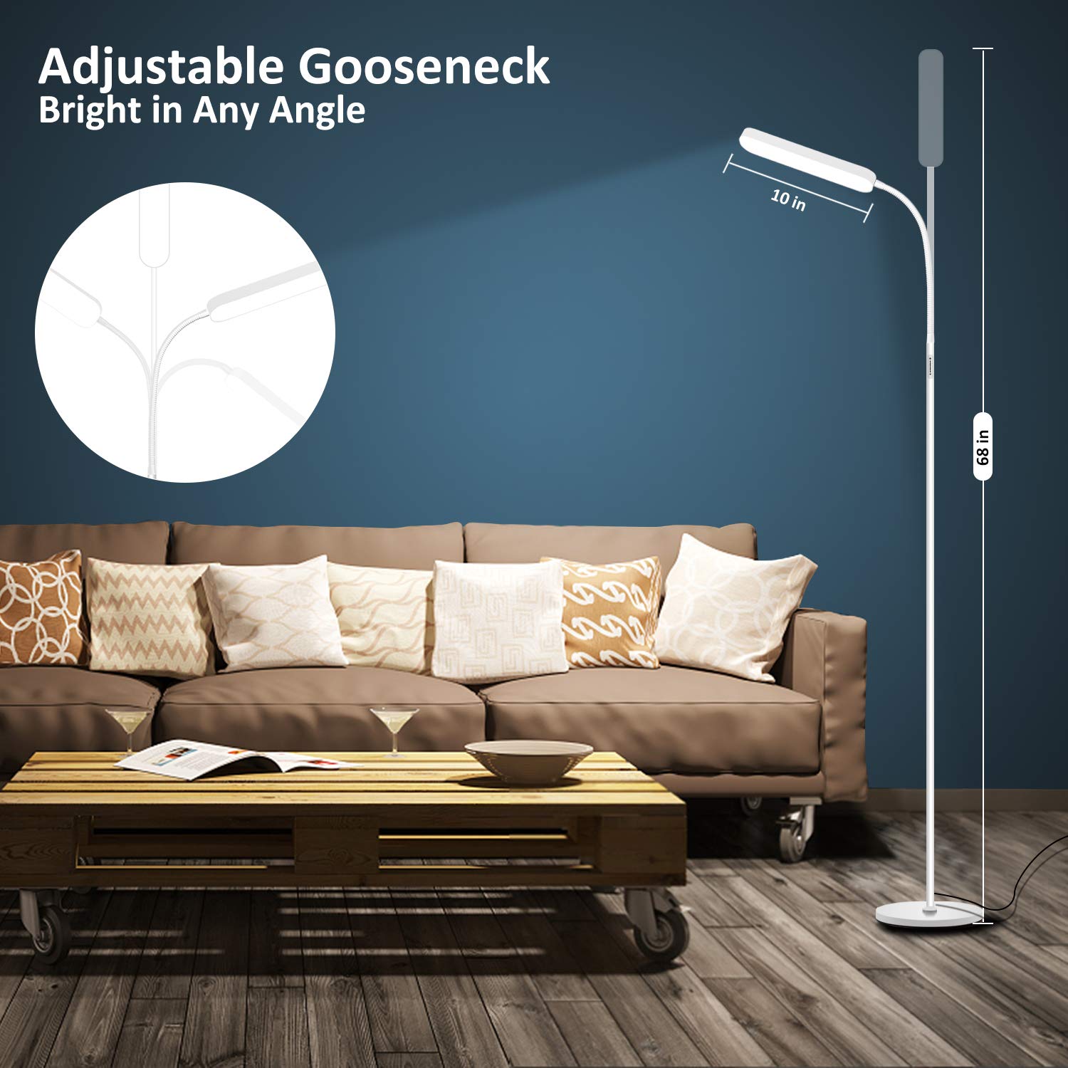 Floor Lamps, 15w/1000lm Bright LED Floor Lamp with Stepless Adjustable 3000K-6000K Colors and Dimmer, Remote and Touch Control Reading Lamp, Adjustable Floor Lamp for Living Room