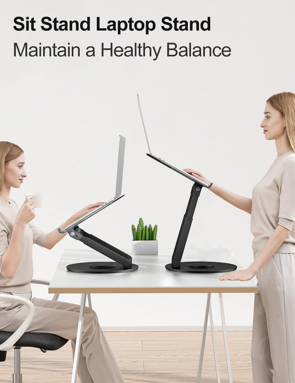Laptop Stand for Desk with 360° Swivel Base, Sit to Stand, Height Adjustable, Portable Riser Holder for Good Posture, Compatible with MacBook Pro, All Laptops 10-17" - Black