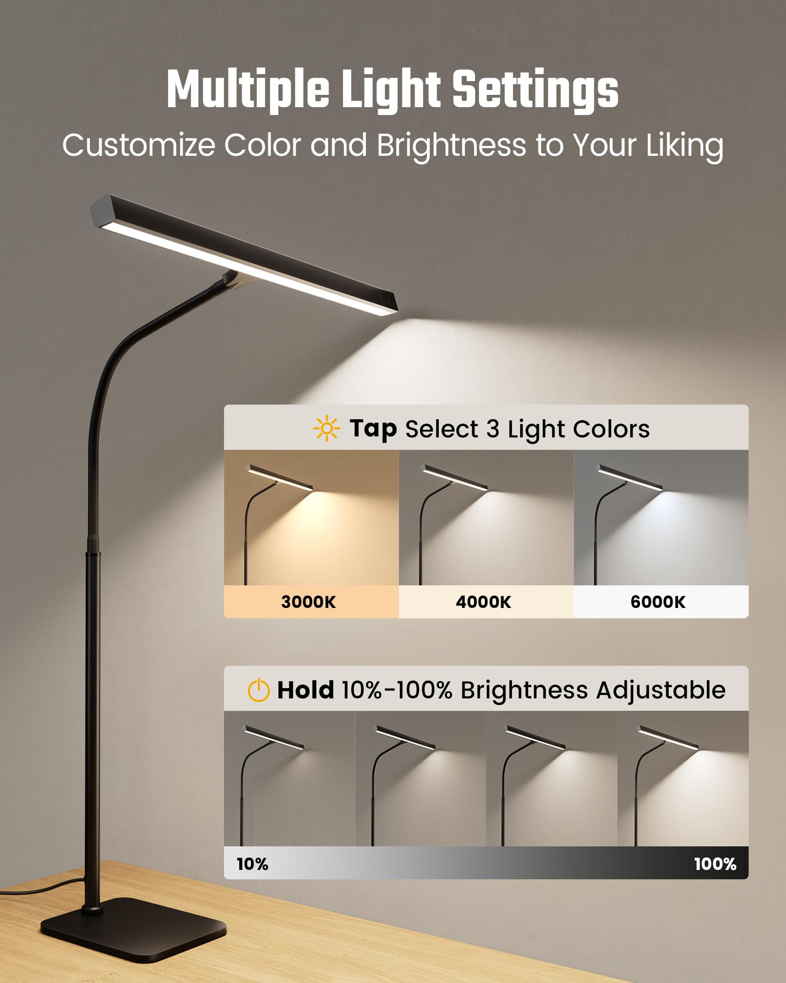 LED Desk Lamp for Home Office, Eye-Caring Desk Light with Base, 12W Touch Control 3 Colors Dimmable Brightness, Gooseneck Architect Lamp for Computer Monitor Reading Workbench, Black