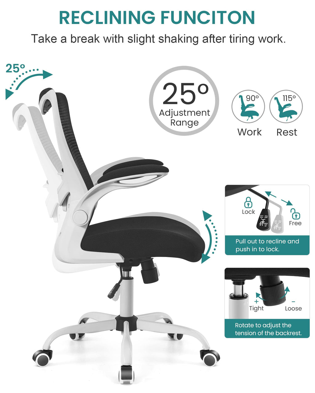 Office Chair, Ergonomic Desk Chair with Adjustable Lumbar Support and Flip up Armrest, Breathable Mesh Computer Chair for Home Office, White