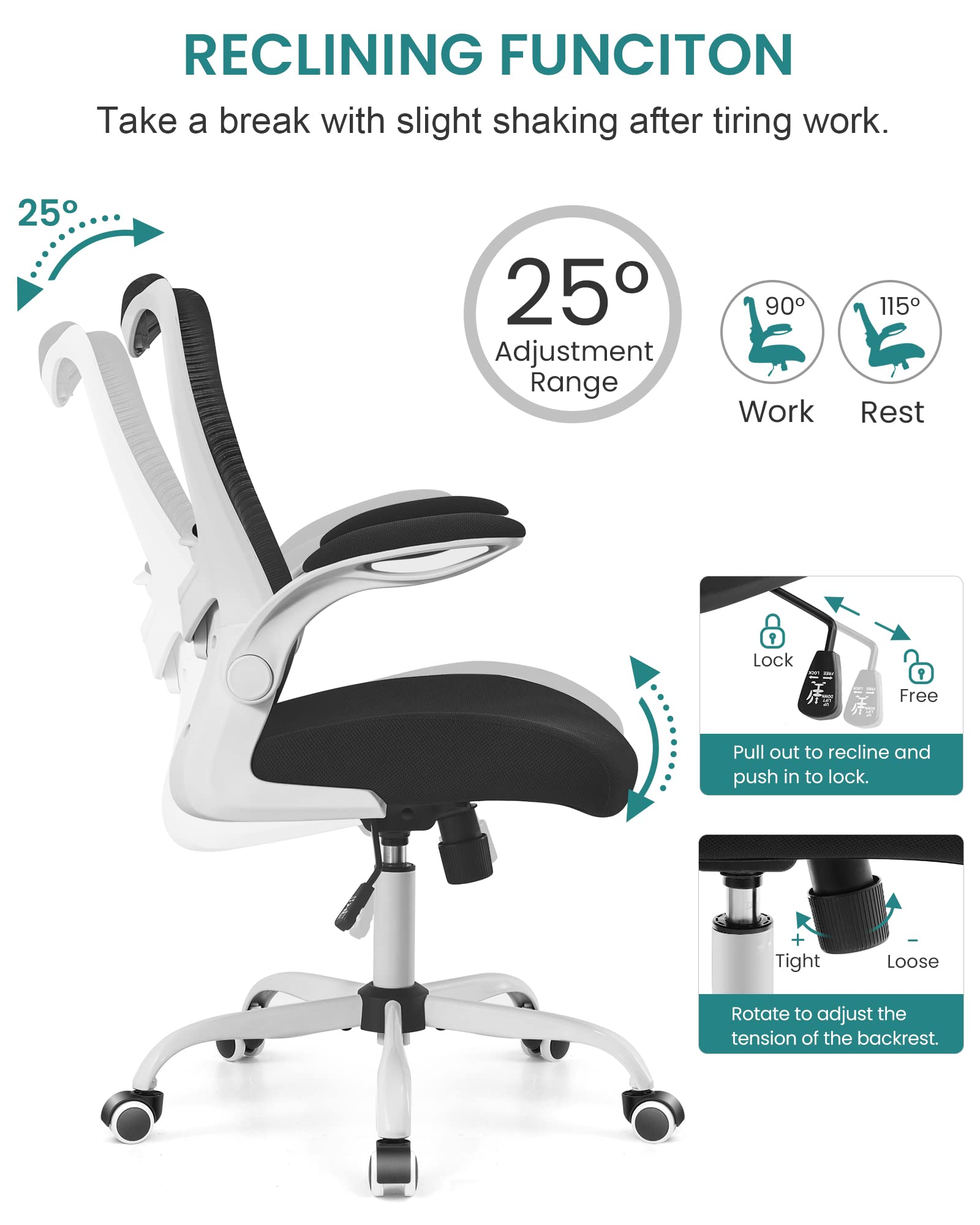 Office Chair, Ergonomic Desk Chair with Adjustable Lumbar Support and Flip up Armrest, Breathable Mesh Computer Chair for Home Office, White