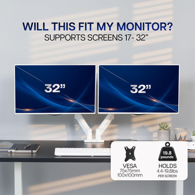 Dual Monitor up to 32 inches and 19.8 lbs per Screen, Mechanical Arm Desk Mount, Articulating Counterbalance, VESA Stand, Classic, White STAND-V002OW