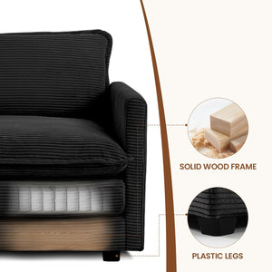 Single Armchair with Ottoman, Modern Corduroy Cloud Couch with Convertible Chaise, Upholstered Sofa Set for Living Room, Black