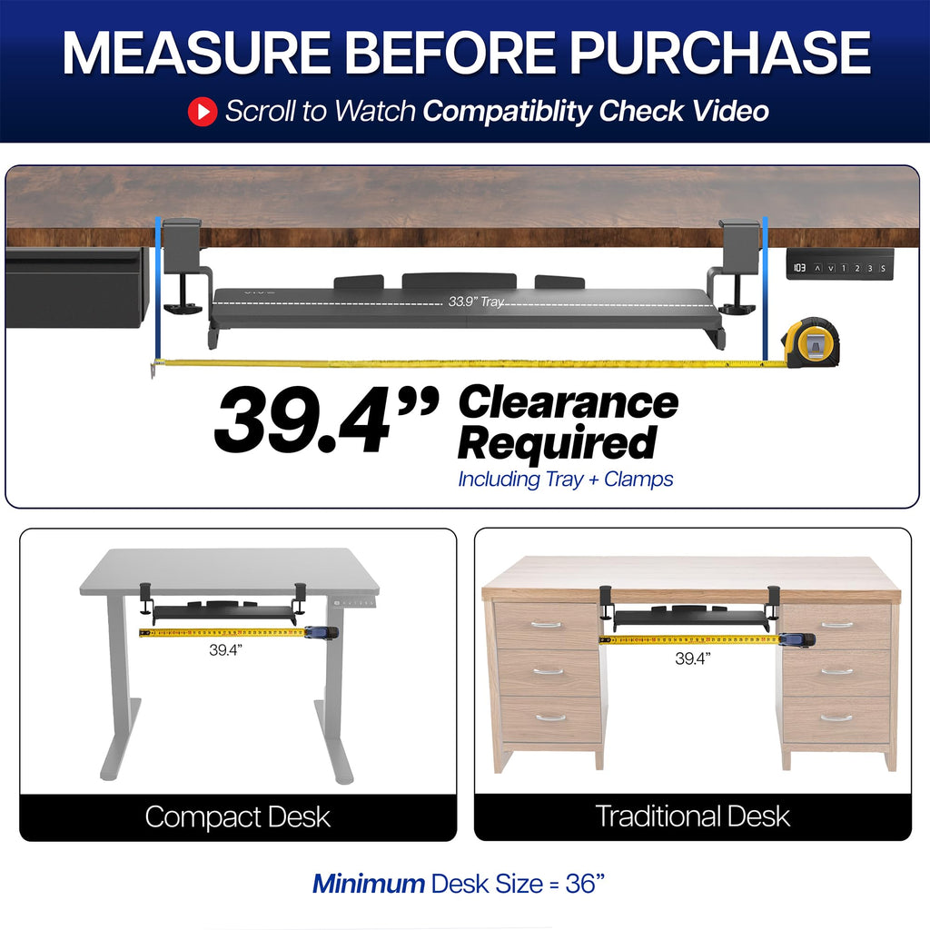 Extra Long Clamp-on Computer Keyboard and Mouse Under Desk Slider Tray, 34 x 11 inch Pull Out Platform Drawer, White, MOUNT-KB15EW