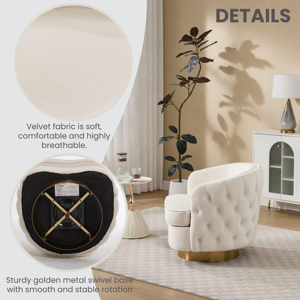 White Swivel Comfy Accent Chair for Living Room, Modern Tufted Velvet Upholstered Round Arm Chair with Tall Backrest, Barrel Side Chairs for Reading Bedroom