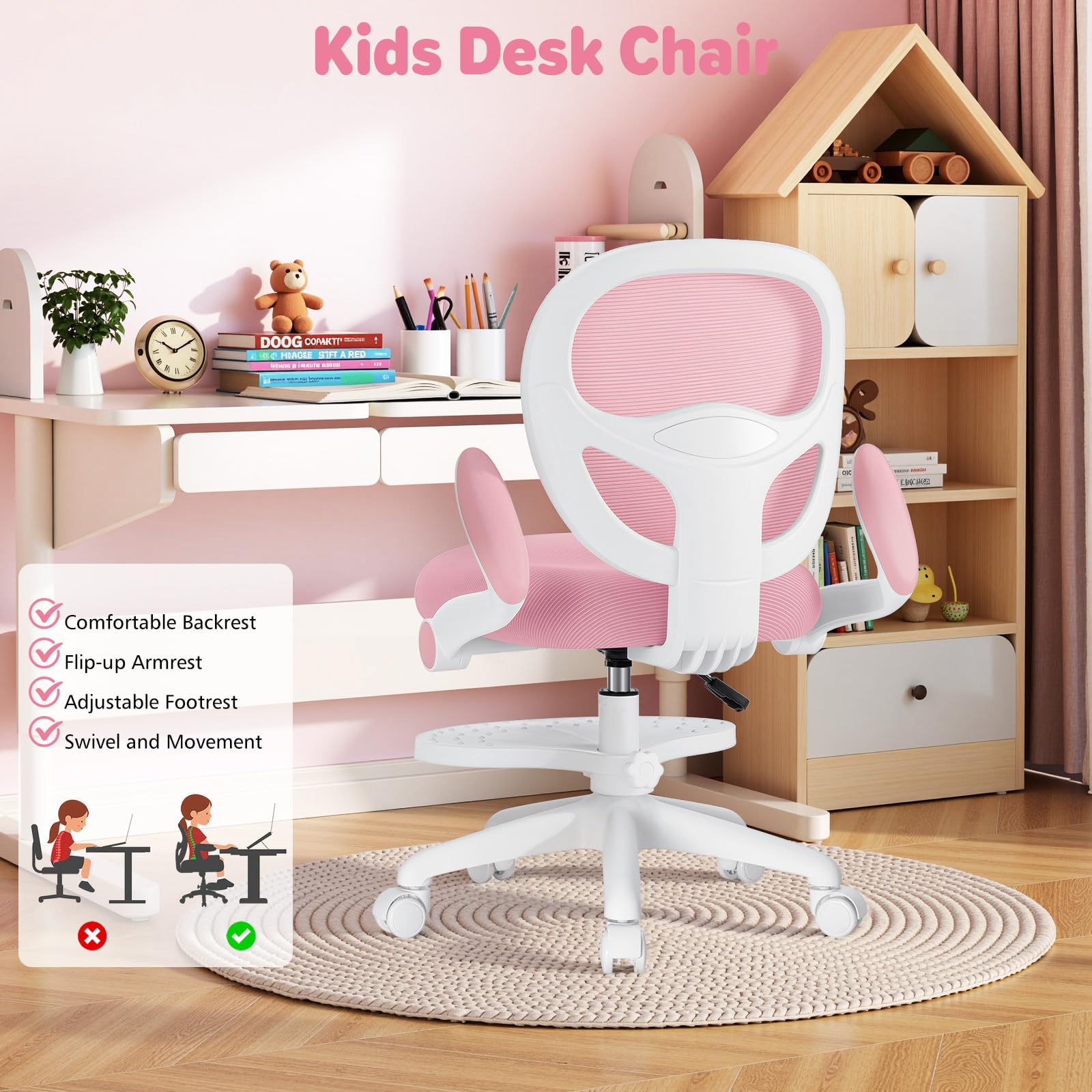 Kids Desk Chair Ergonomic Study Chair with Flipped Armrest and Footrest Adjustable Height Swivel Kids Computer Chair Mesh Desk Chair for Boys Girls Children at Home Bedroom Study Room Pink