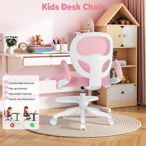 Kids Desk Chair Ergonomic Study Chair with Flipped Armrest and Footrest Adjustable Height Swivel Kids Computer Chair Mesh Desk Chair for Boys Girls Children at Home Bedroom Study Room Pink