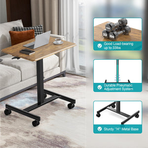 Small Standing Desk Mobile Portable Rolling Laptop PC Table on Wheels Adjustable Height Computer Workstation for Home Office, 19 Inch, Modern Brown