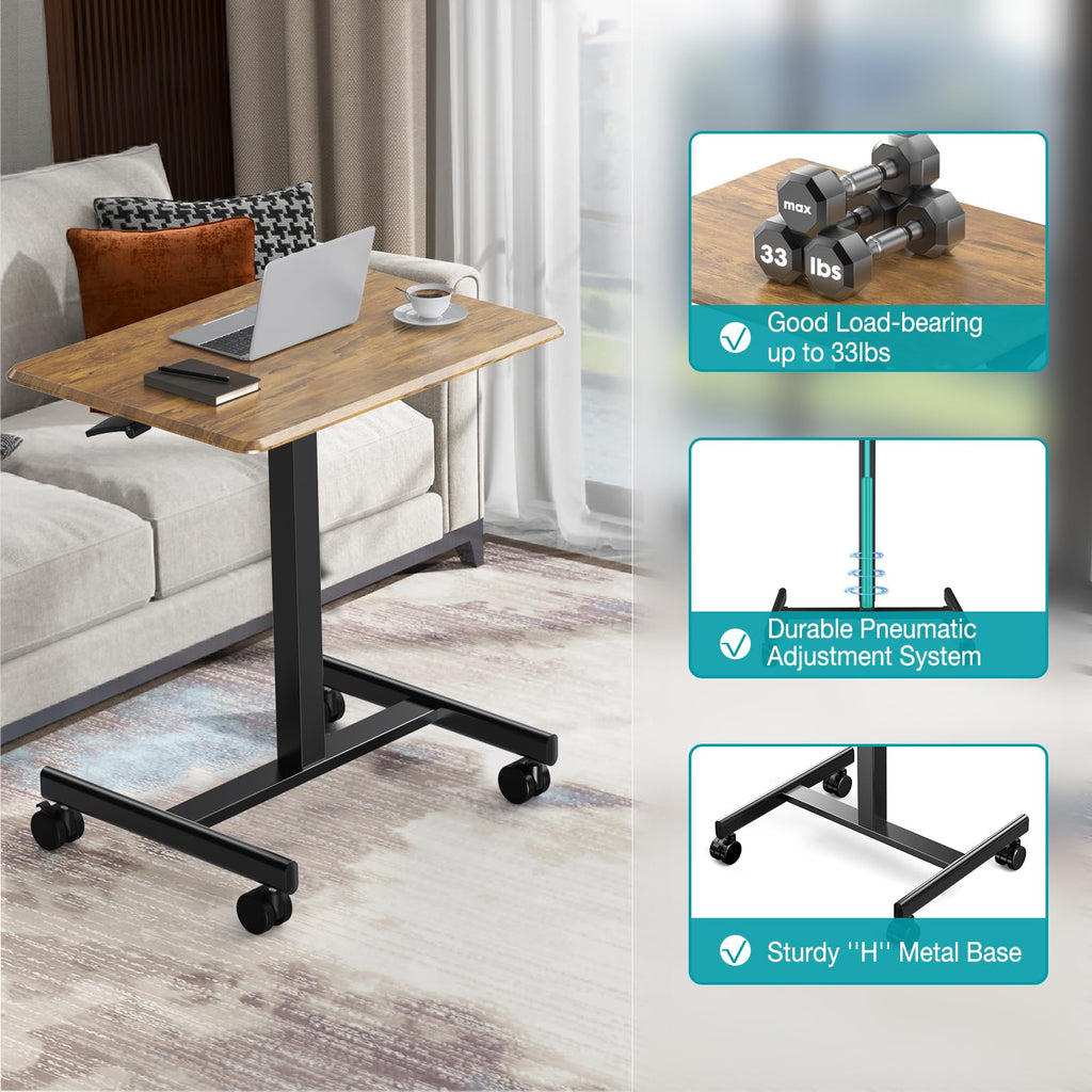 Mobile Small Standing Desk, Portable Rolling Laptop Desk with 2 Lockable Wheels, Adjustable Height Computer Workstation for Home Office, 19 Inch Brown