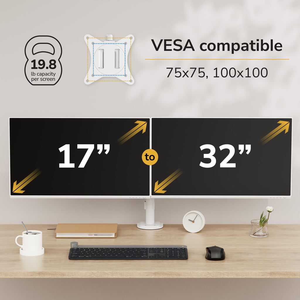 Dual Monitor Mount for Desk, Adjustable Tilt Swivel on Double Monitor Mounts for Screens up to 32”, Dual Monitor Arms for 2 Monitors, VESA 75x75 and 100x100 C-clamp & Grommet in White