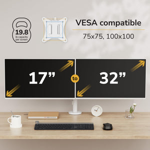Dual Monitor Mount for Desk, Adjustable Tilt Swivel on Double Monitor Mounts for Screens up to 32”, Dual Monitor Arms for 2 Monitors, VESA 75x75 and 100x100 C-clamp & Grommet in White
