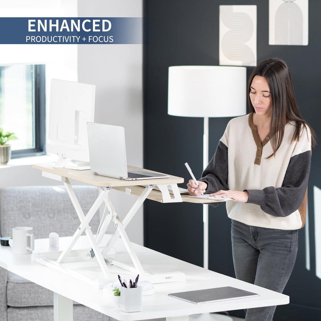 32 inch Desk Converter, K Series, Height Adjustable Sit to Stand Riser, Dual Monitor and Laptop Workstation with Wide Keyboard Tray, Light Wood Top, White Frame, DESK-V000KF