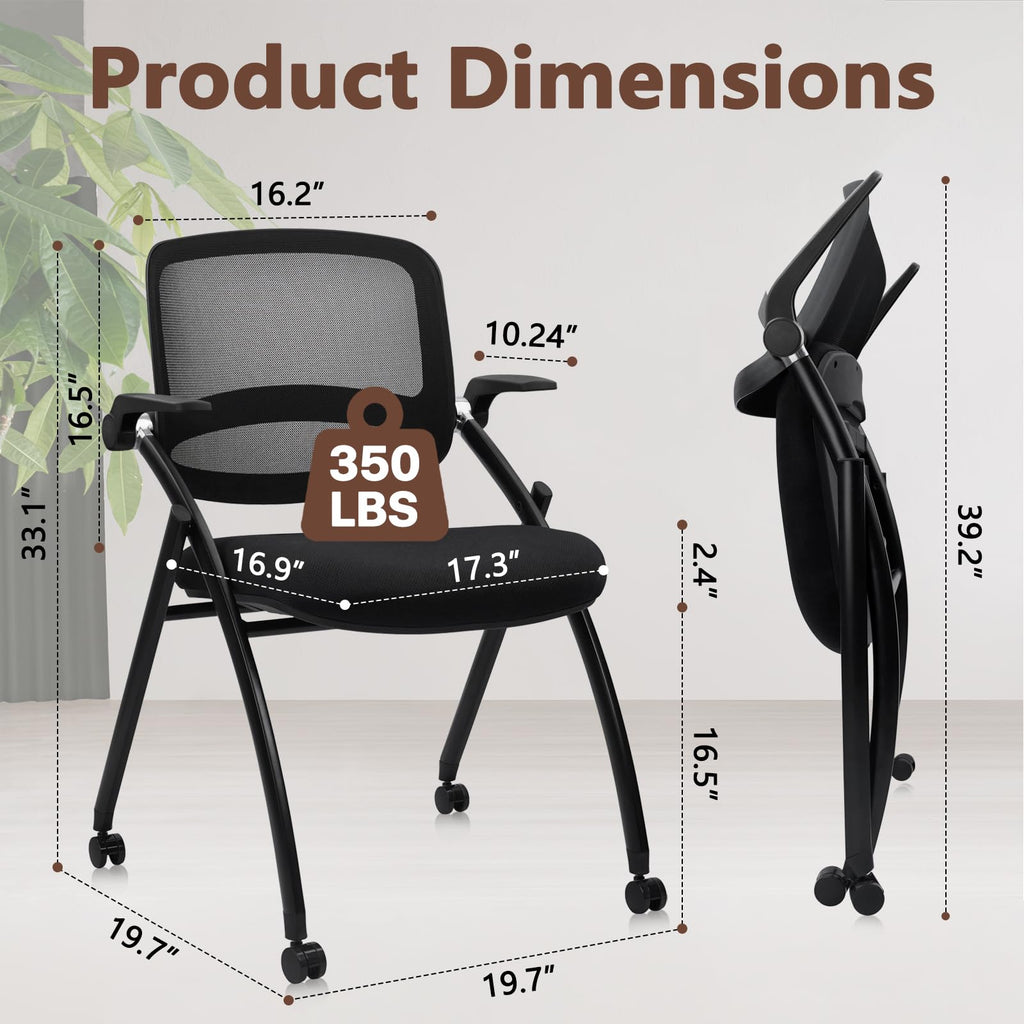 2PACK, Stackable & Foldable Chairs with Flip Up Armrests, Reception Guest Chairs with Wheels, Ergonomic Curved Mesh Back Folding Chair for Office Meeting Schools Conference Waiting Room