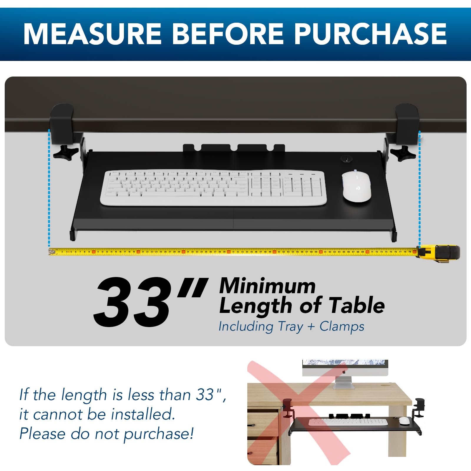Keyboard Tray Under Desk Pull Out with Extra Sturdy Adjustable C Clamp Mount System, 27.3 (32.5 inch Including Clamps) x 11 Inch Slide-Out Platform Computer Drawer for Typing, Black,AX01WB01