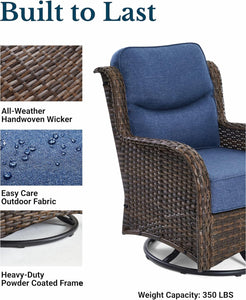Luxury Patio Furniture Set with 6-inch Thick Cushion, Outdoor High Back Swivel Rocker Patio Chairs, 2PCS Wicker Conversation Set for Deck Yard and Poolside, Blue (V2)