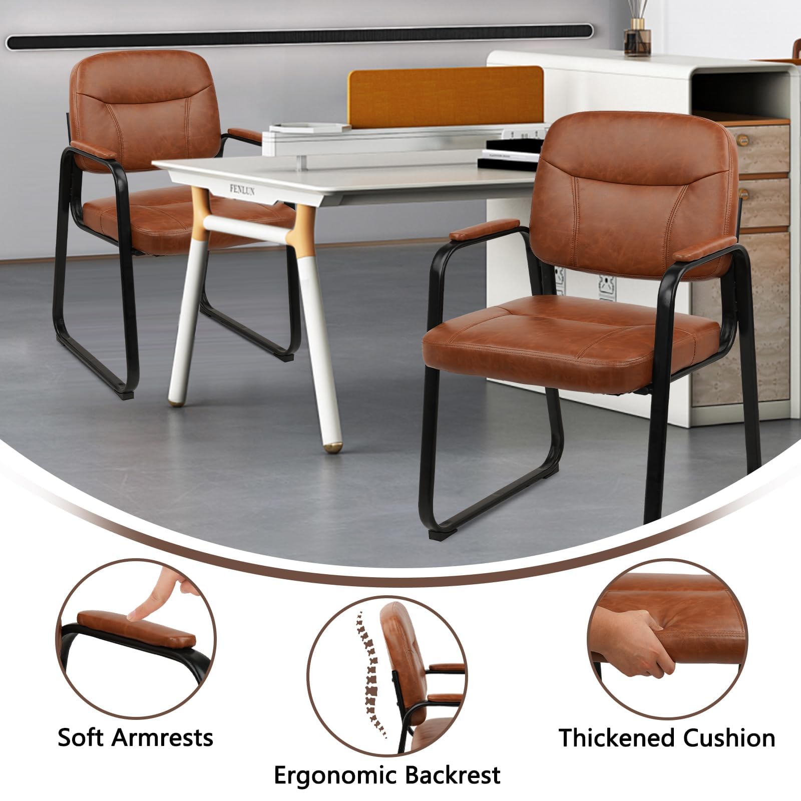 Waiting Room Guest Chair with Bonded Leather Padded Arm Rest for Office Reception and Conference Desk Black with Sled Base Brown 4 Pack