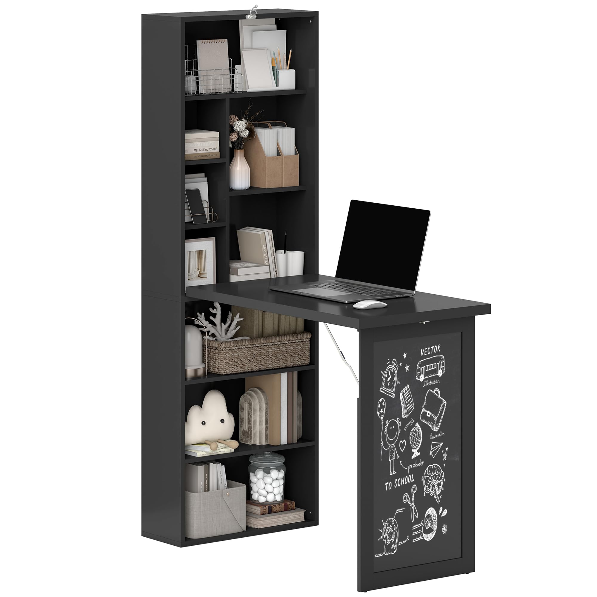 Fold-Out Convertible Writing Table, Computer Desk with Blackboard and Side Shelf Multi-Function Home Office Workstation, Black