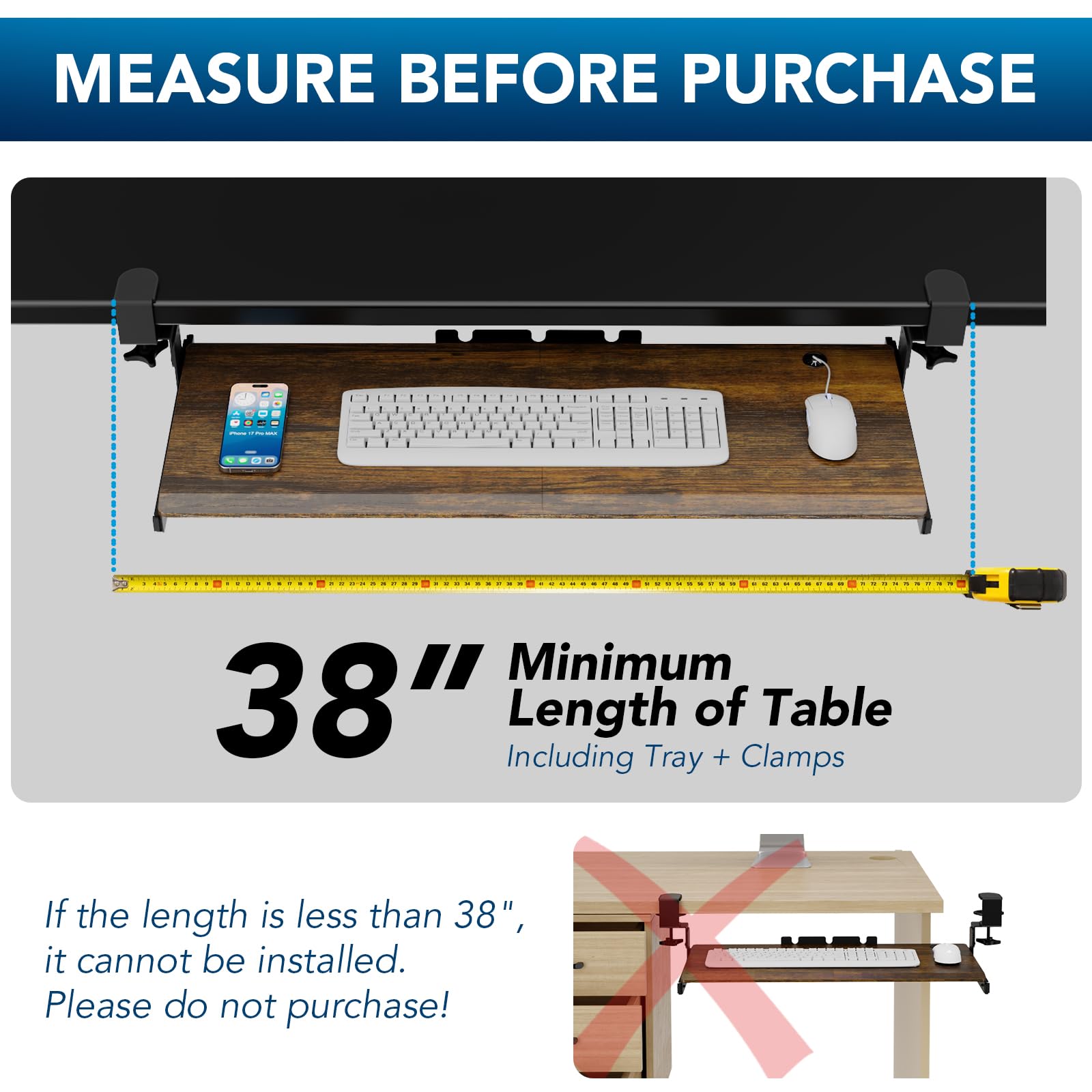 Keyboard Tray Under Desk Pull Out with Extra Sturdy C Clamp Mount System, 32.8 (38 inch Including Clamps) x 12 Inch Slide-Out Platform Computer Drawer for Typing Vintage AX01WG202