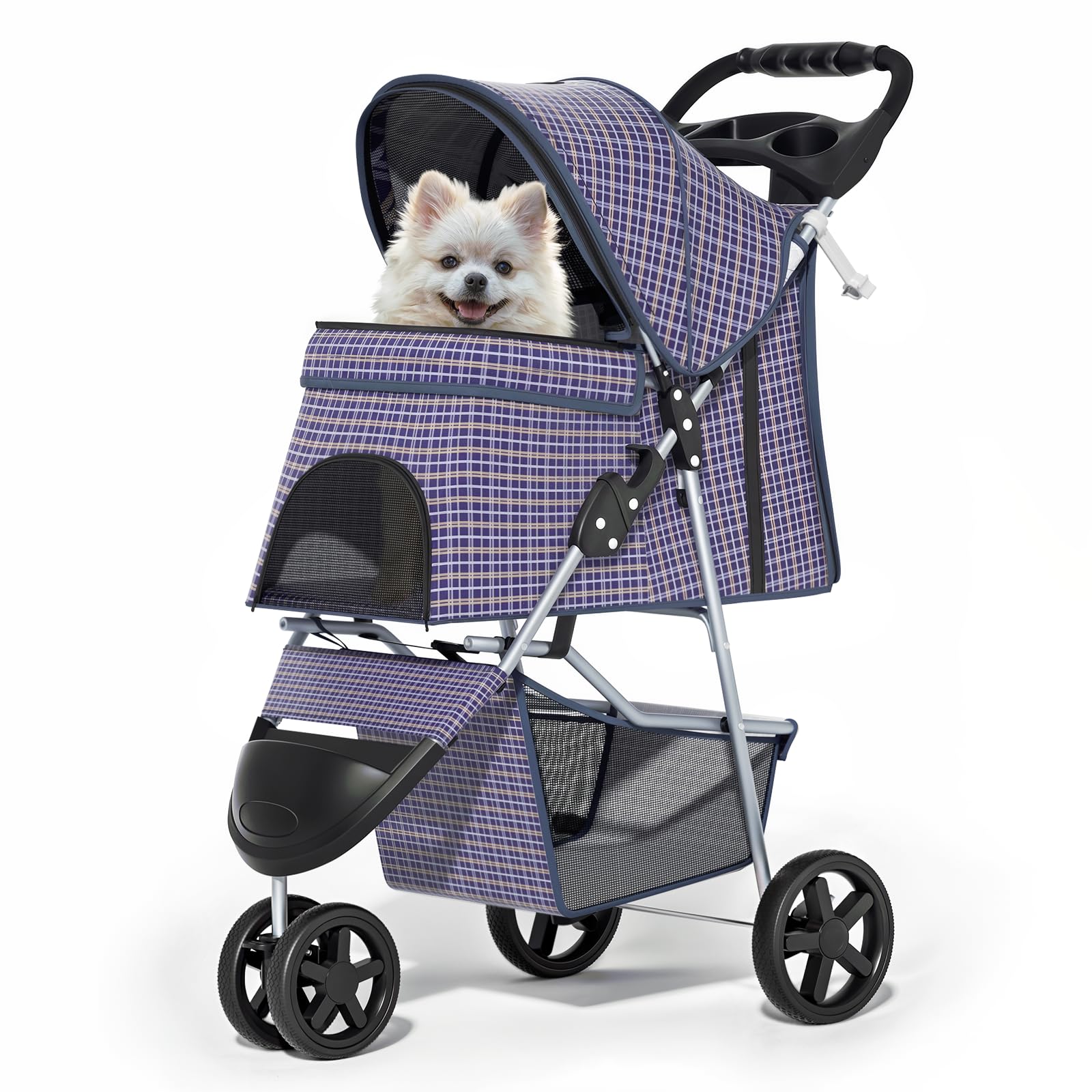 3 Wheels Pet Dog Cat Stroller for Small Medium Dogs Cats, Lightweight Foldable Jogger Stroller w/Storage Basket and Cup Holder, Plaid