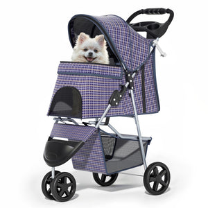 3 Wheels Pet Dog Cat Stroller for Small Medium Dogs Cats, Lightweight Foldable Jogger Stroller w/Storage Basket and Cup Holder, Plaid