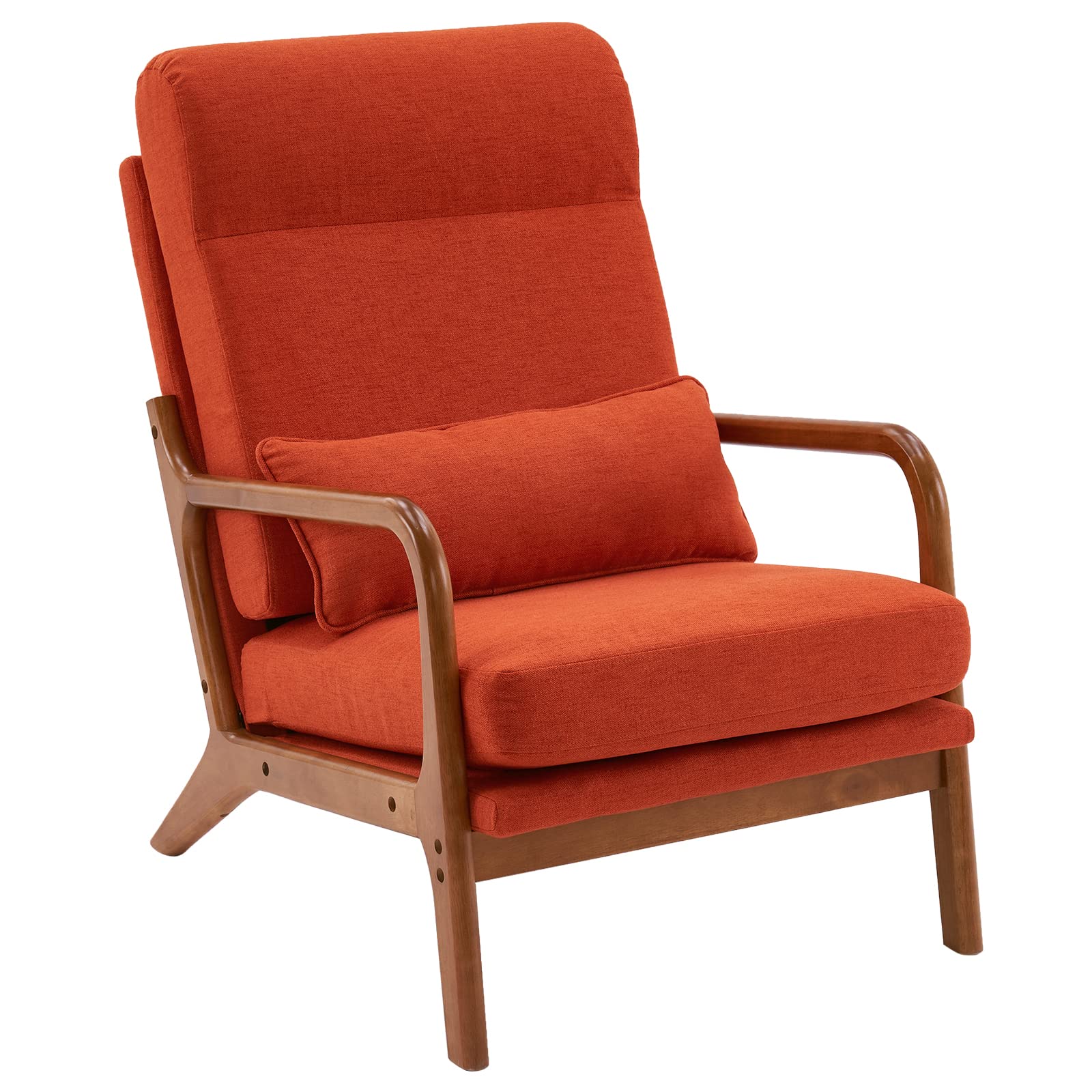 High Back Linen Burnt Orange Mid Century Modern Accent Chair, Soild Wood Padding Lounge Armchairs Side Sitting Chairs for Living Room, Bedroom, Guest Room
