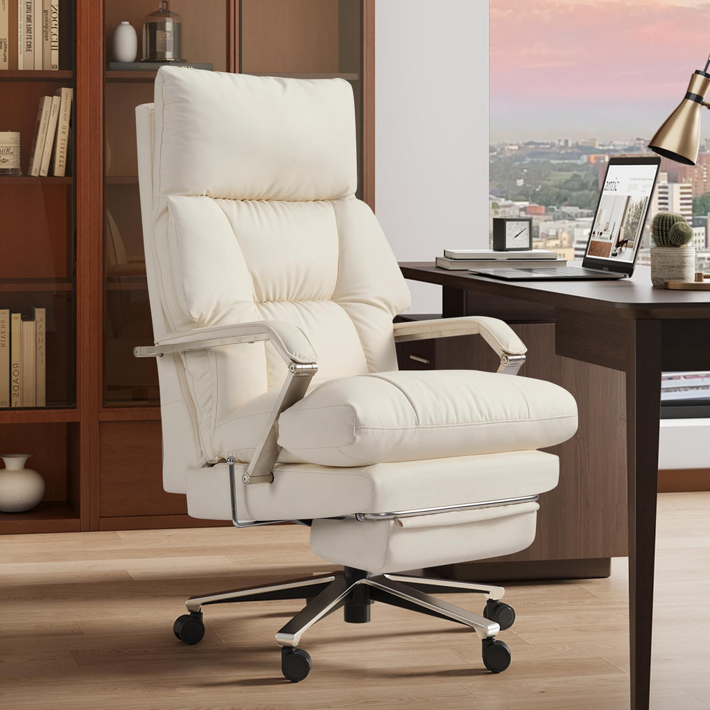 160° Reclining Office Chair with Footrest, 10" Thick Cloud Cushion Executive Desk Chair, Extra Wide Cross-Legged Ergonomic Chair for Big and Tall, Adjustable Seat Depth, Easy Assembly, Cream
