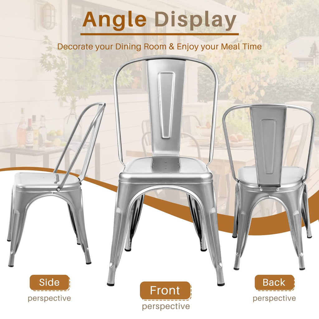 Metal Dining Chair Indoor Outdoor Use Stackable Classic Trattoria Chair Chic Dining Bistro Cafe Side Metal Chairs Set of 4 (Sliver)