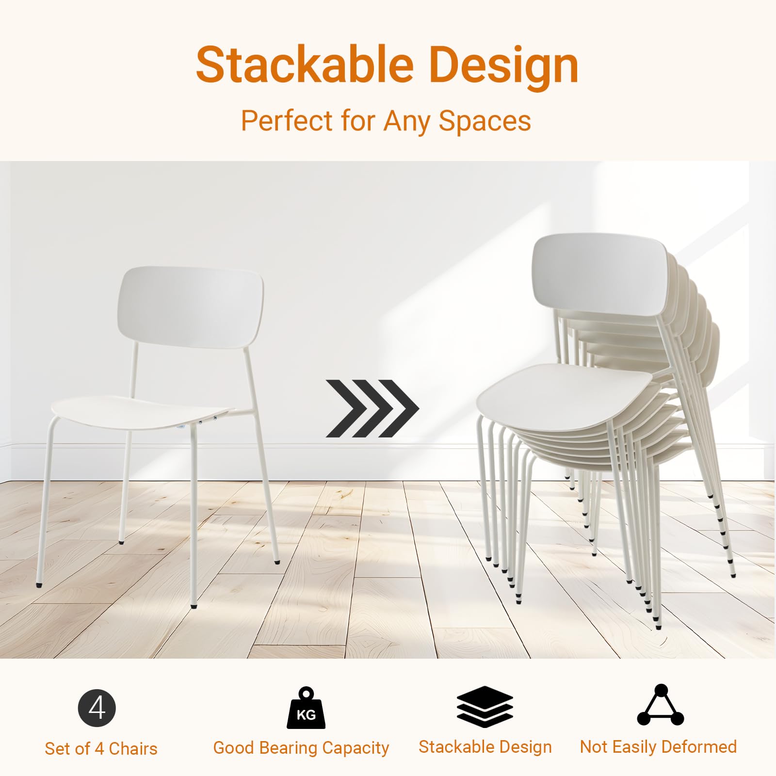 Conference Room Chairs Stackable Set of 4, Reception Chairs with Plastic Seat, Stacking Chairs for Waiting Break Room Classroom Clearance, White