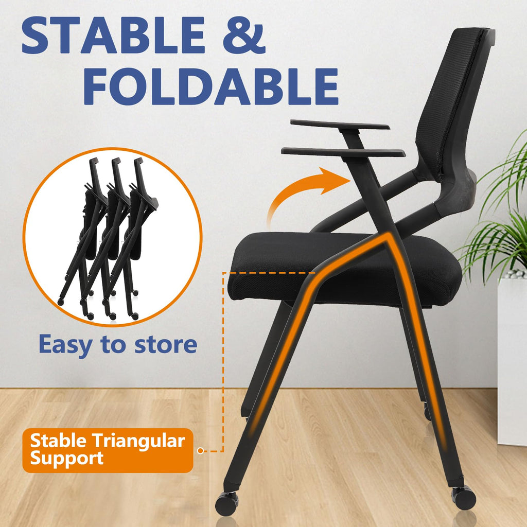 Stackable Foldable Conference Room Chairs with Wheels, Portable Padded Office Desk Chair with Lumbar Support and Armrest for Training Room, Guest, Reception, Black (1pk)
