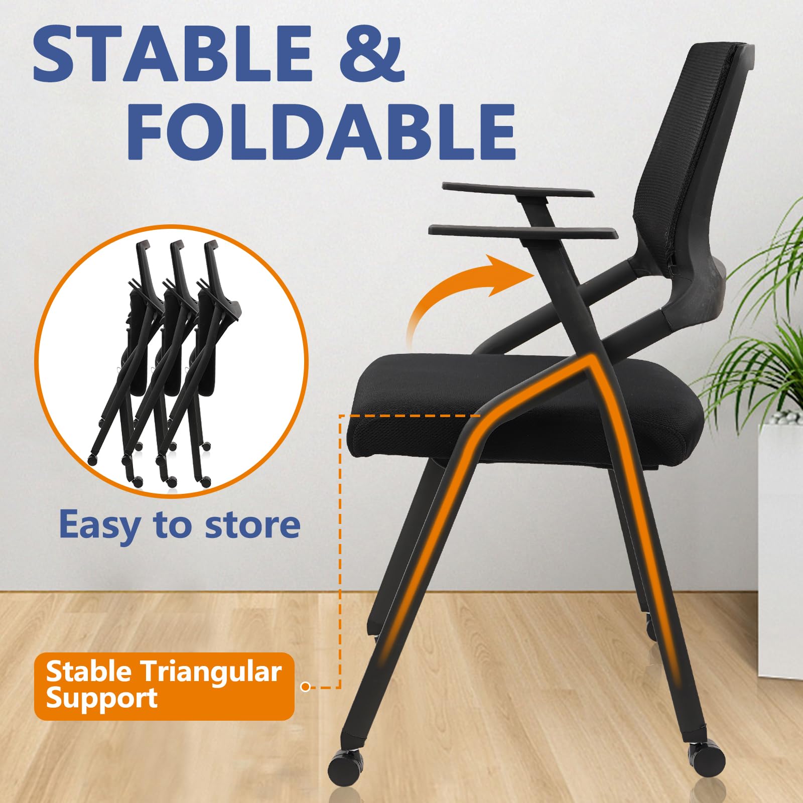 Stackable Foldable Conference Room Chairs with Wheels, Portable Padded Office Desk Chair with Lumbar Support and Armrest for Training Room, Guest, Reception, Black (1pk)