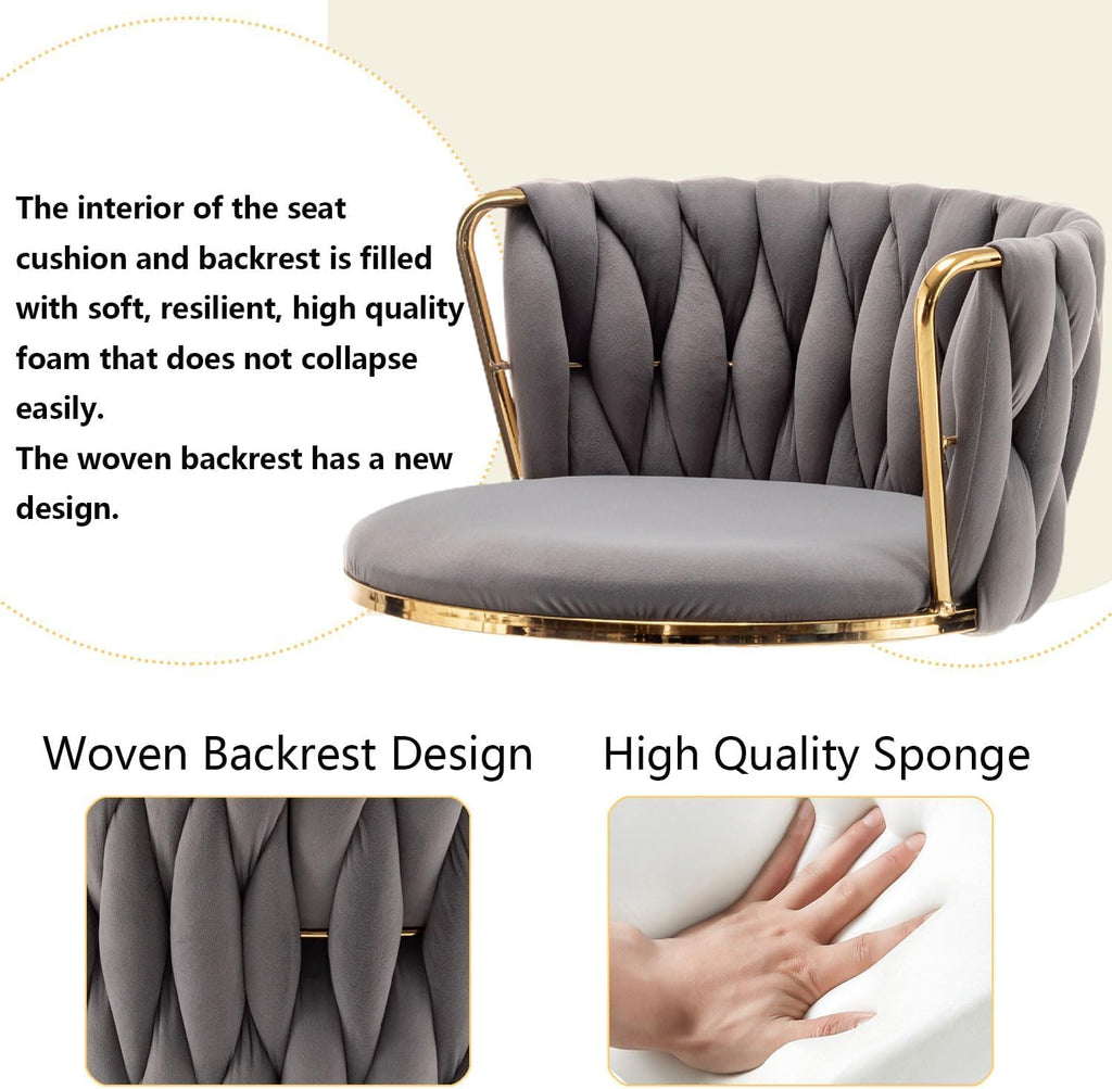 Gold Velvet Bar Stools Set of 3, Swivel Counter Height Bar Stools with Back, Adjustable Woven Barstools for Kitchen Island, Pub, Club (Grey)
