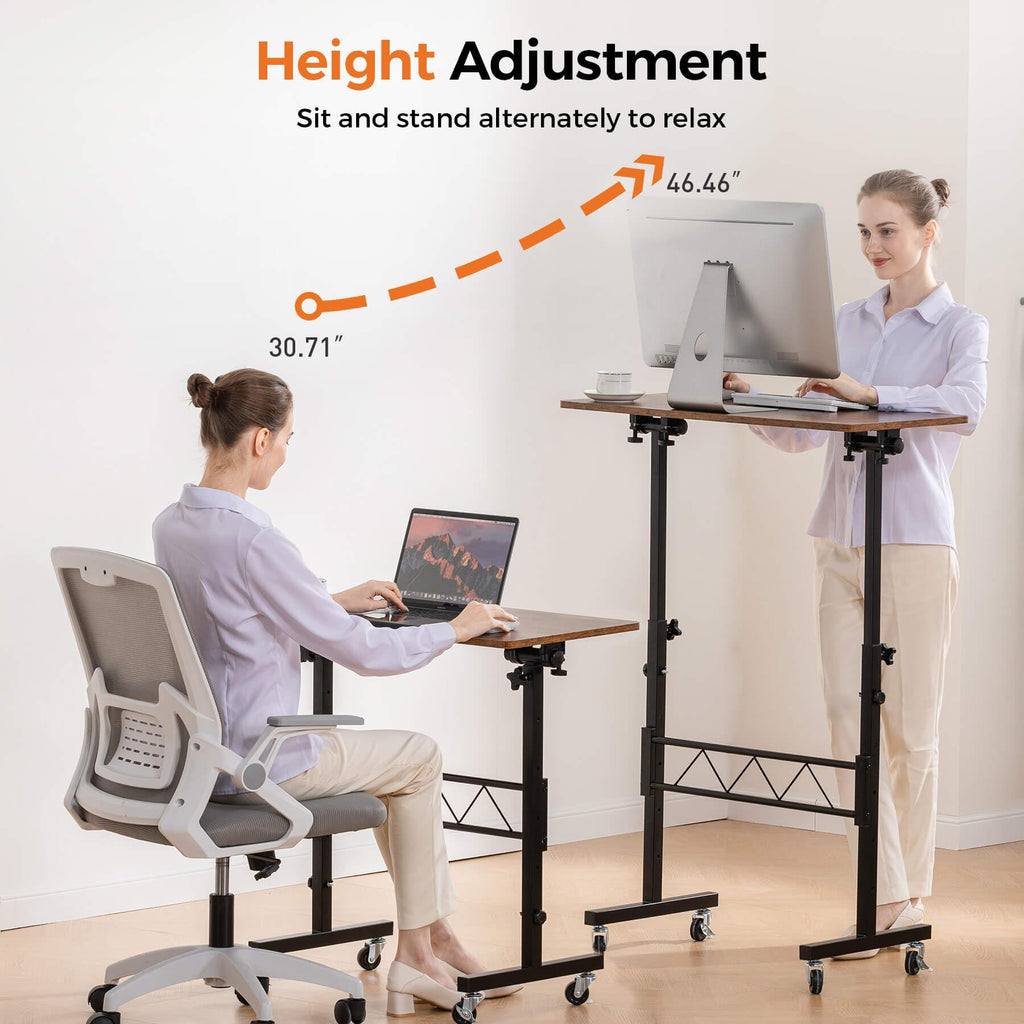 Standing Desk Adjustable Height & Tiltable Tabletop, Portable Stand Up Desk for Laptop, Mobile Folding Desk for Home Office Work and Walking Pad Treadmill, Height 30.7"-46.4", Brown