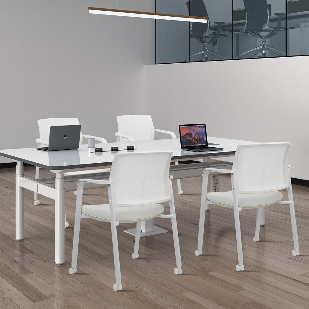 Set of 8, White, Stacking Office Chairs with Wheels | Mesh Back, Thicken Leather Seat and Streamline Armrests, Ergonomic Lumber Support | School, Desk, Guest Reception, Waiting, Conference |