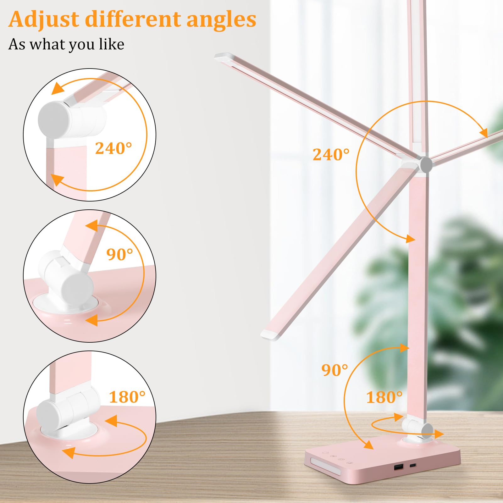 LED Desk Lamp with USB Ports,Touch Desk Lamps for Home Office with 5 Color Modes,3 Brightness Desk Light with Small Night Light,Reading Lamp Table Lamp for Bedroom Bedside Study Pink （with adapter）
