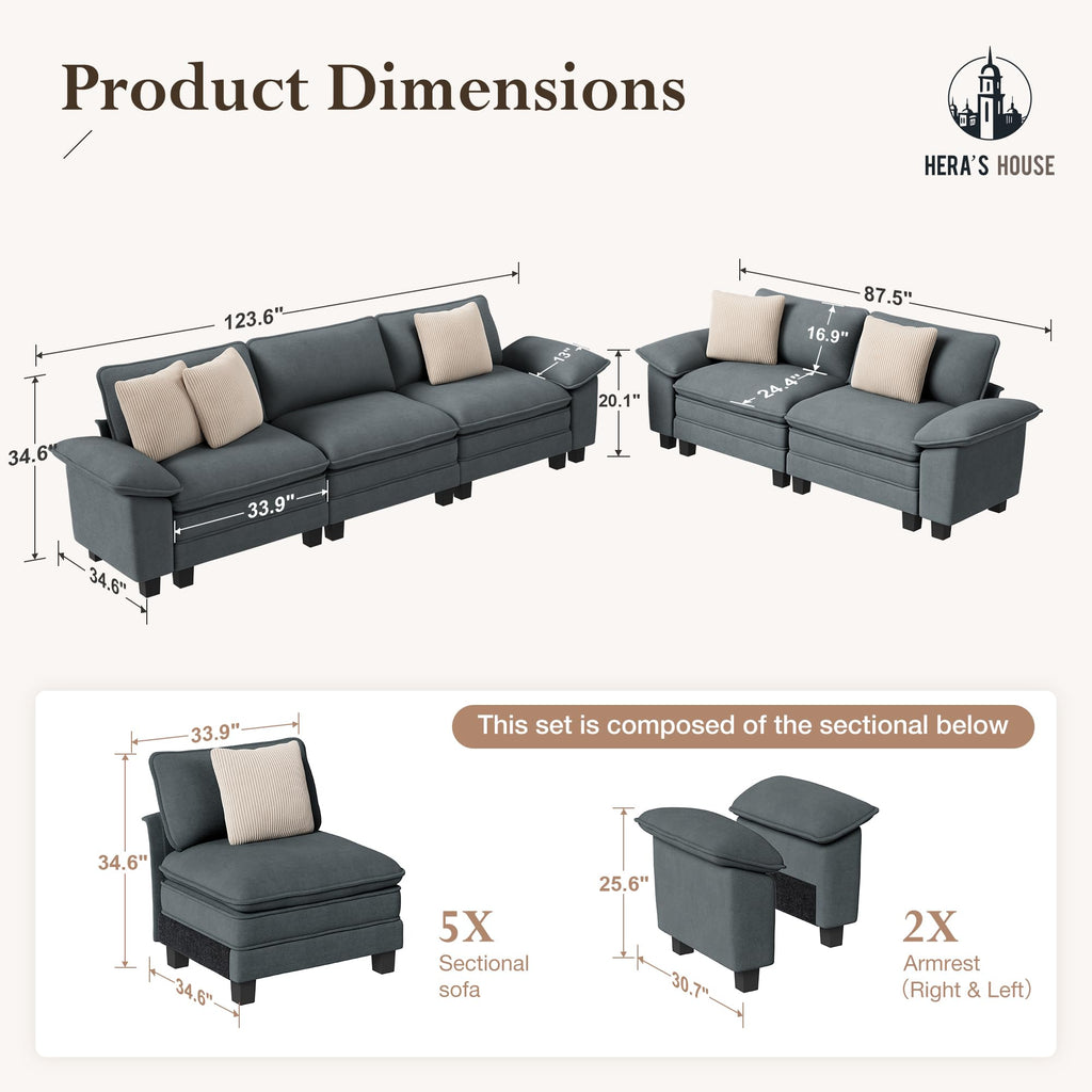 2 Pieces Modular Sectional Sofa Sets, Oversized Couch Set with Loveseats, Comfy Cloud Couches with Throw Pillows, 5-Seater Deep Seat Sofa for Living Room, Chenille Blue