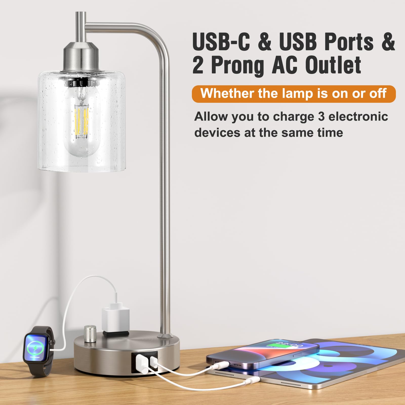 Industrial Table Lamps for Bedrooms Set of 2 - Fully Dimmable Bedside Lamps with USB A and C Ports and Outlet, Nickel Nightstand Lamps with Glass Shade for Living Room, Desk Lamps for Office Reading