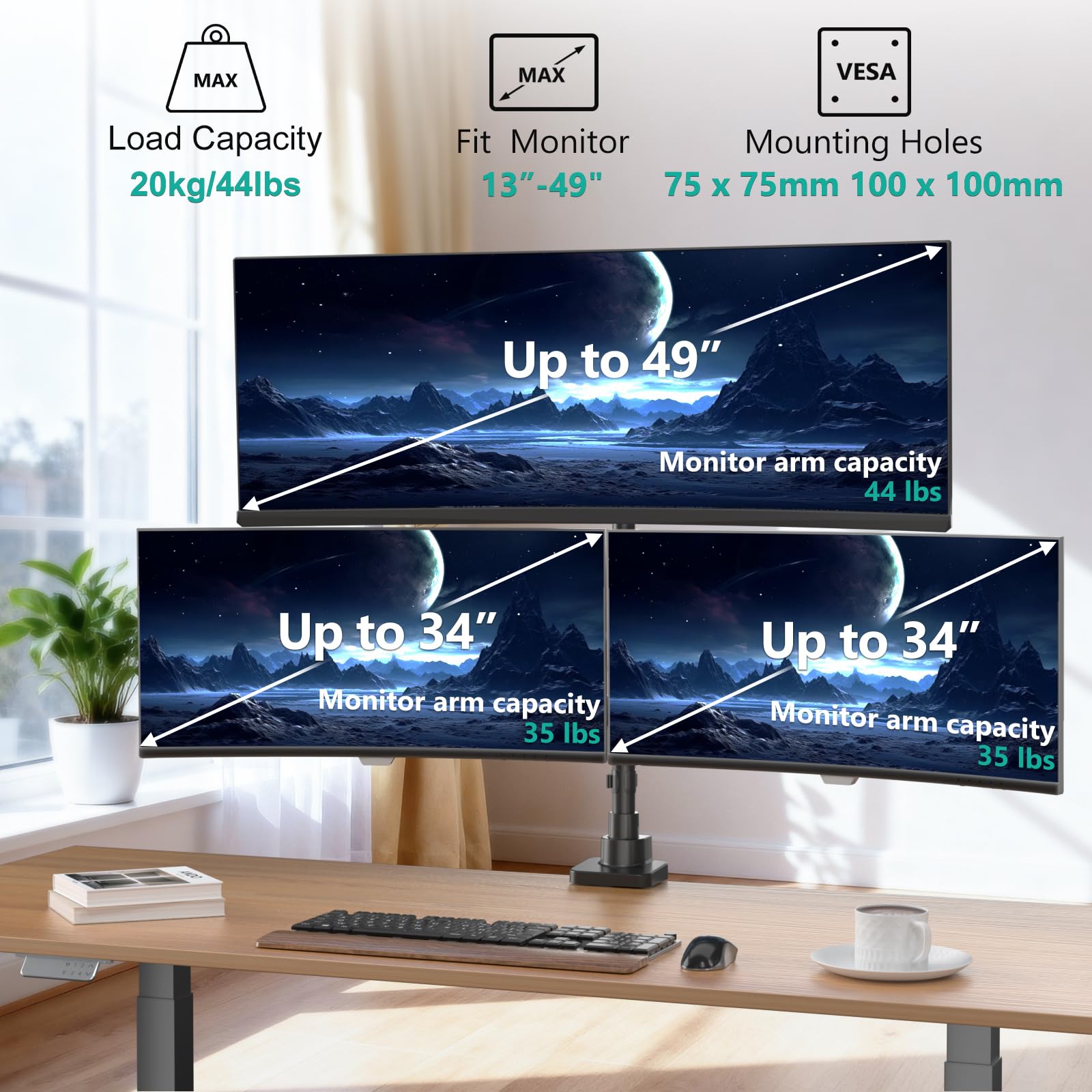 Triple Monitor Mount, up to 49'' Ultrawides on Top Bracket and 34'' Screens on Side Brackets, Extra Tall 3 Monitors Desk Mount, Heavy Duty Monitor Arm up to 44 lbs (GSDM003N-P), Black