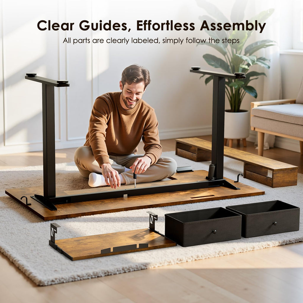 U Shaped Electric Standing Desk with Drawers, 55 Inch Height Adjustable Desk with Keyboard Tray ＆ Ergonomic Monitor Stand, Sit Stand Table with Power Outlets for Home, Office, Rustic Brown