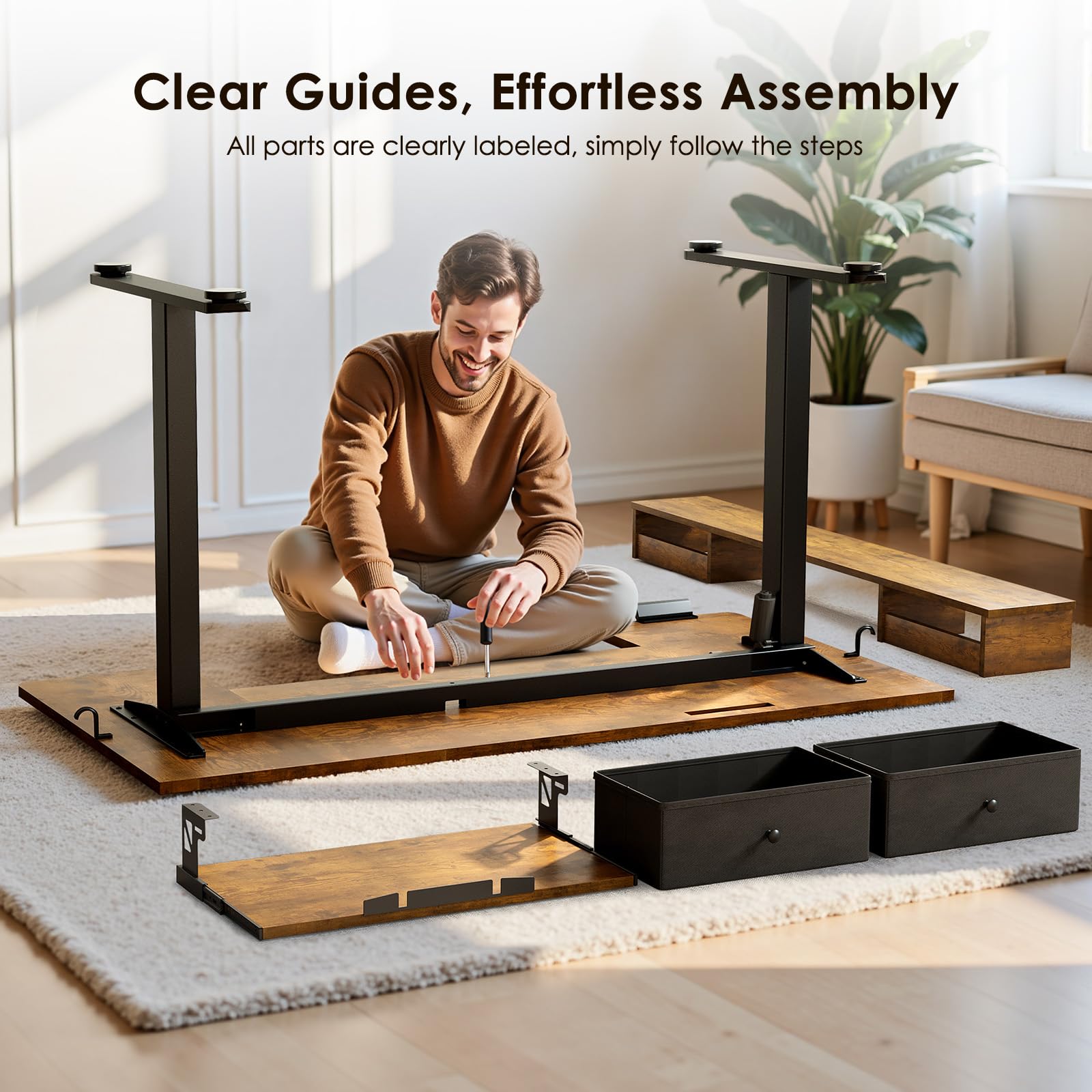U Shaped Electric Standing Desk with Drawers, 55 Inch Height Adjustable Desk with Keyboard Tray ＆ Ergonomic Monitor Stand, Sit Stand Table with Power Outlets for Home, Office, Rustic Brown