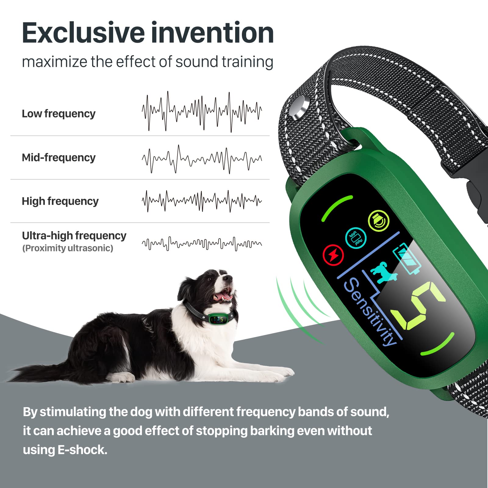 Bark Collar, Rechargeable Dog Bark Collar with 5 Adjustable Sensitivity and Intensity Beep Vibration, Anti Barking Collar for Small Medium Large Breed Dogs (Green)