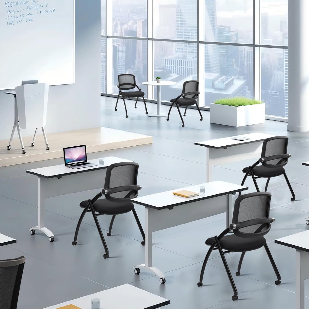 4PACK, Stackable & Foldable Chairs with Wheels, Reception Guest Chairs with Lumbar Support, Ergonomic Curved Mesh Back Folding Chair for Office Schools Conference Waiting Room, Black