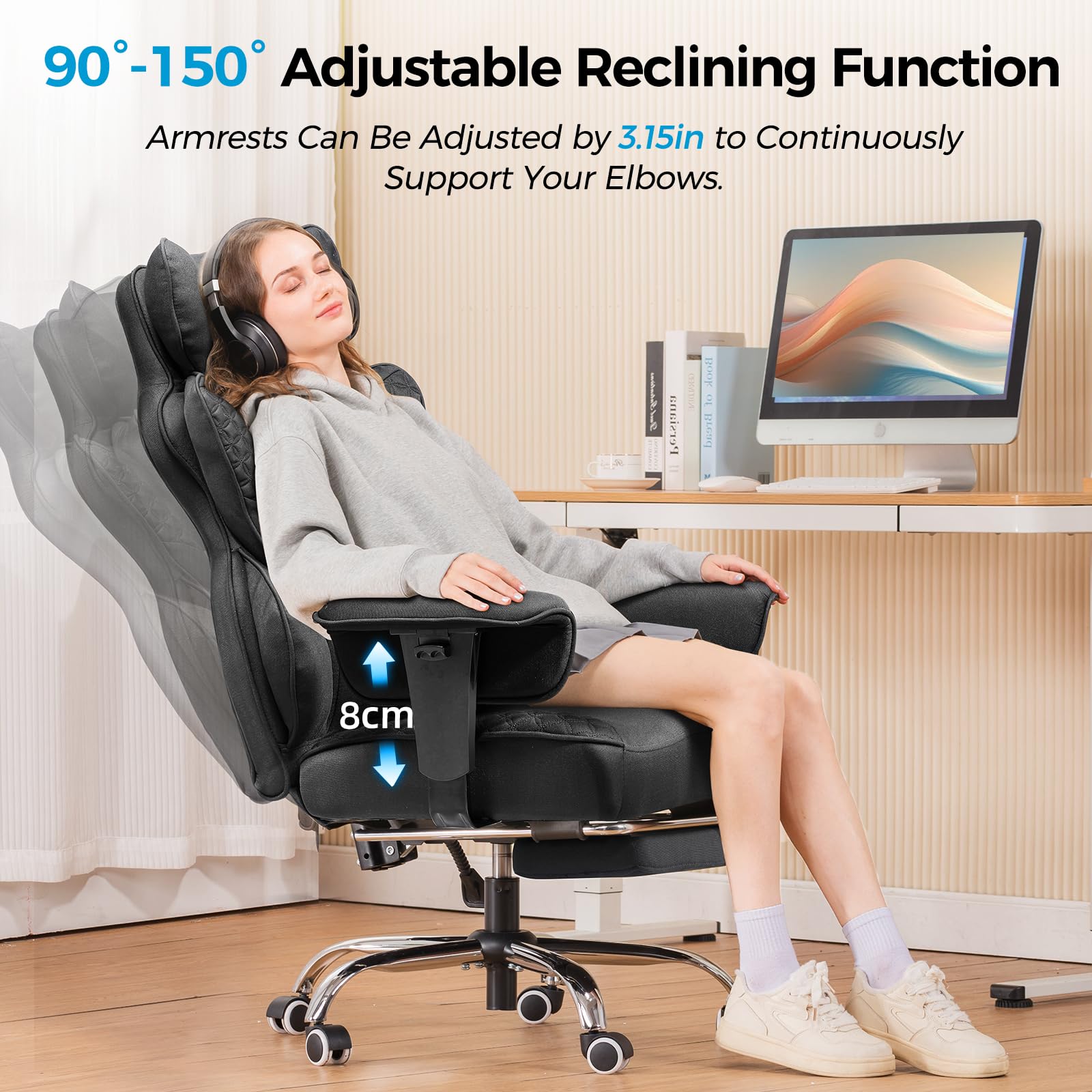 Big and Tall Office Chair Heavy Duty Wide Ergonomic Fabric Deluxe Embossing Designed Gaming Chair with Foot Rest,150°Reclining Adjustable Armrests Pocket Spring Back Support and Pillow
