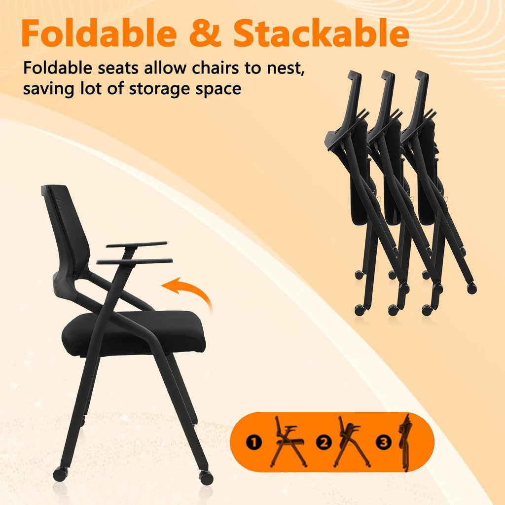Black 8 Pack, Stackable Foldable Chairs with Wheels, Portable Padded Office Desk Chair with Lumbar Support and Armrest for Conference School Lobby Break Waiting Training Room Guest Reception