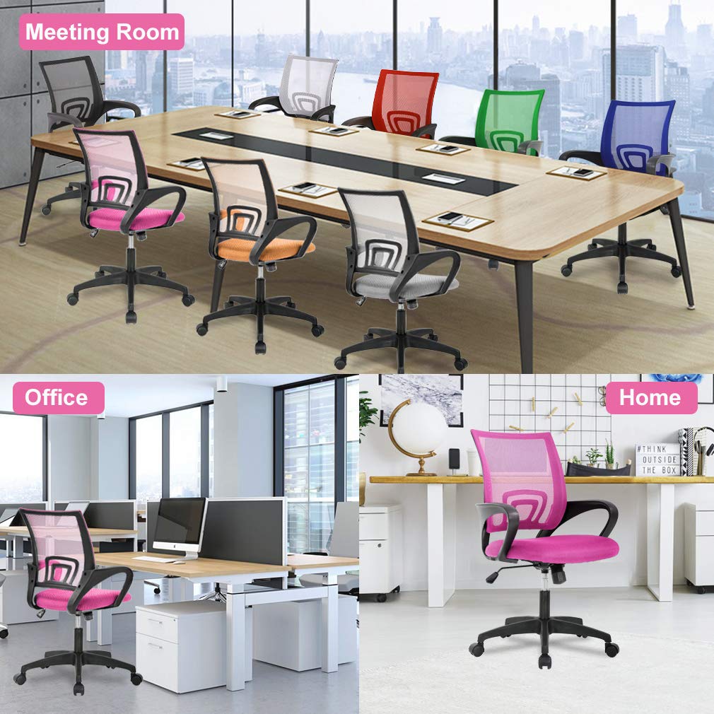 Ergonomic Office Chair | Mid-Back Swivel Desk Chair | Breathable Backrest & Lumbar Support | Adjustable Height | Sponge Seat | Rolling Wheels | Pink | for Adults & Women | Pack of 2