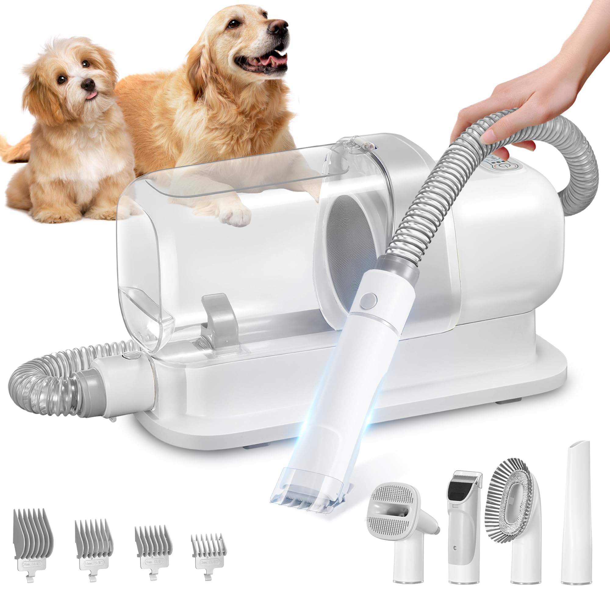 Grooming Kit with 2.3L Vacuum Suction 99% Pet Hair, Pet Grooming Vacuum Low Noise with 5 Tools and 4 Different Lengths Clipper Guards for Dog Cat (White)
