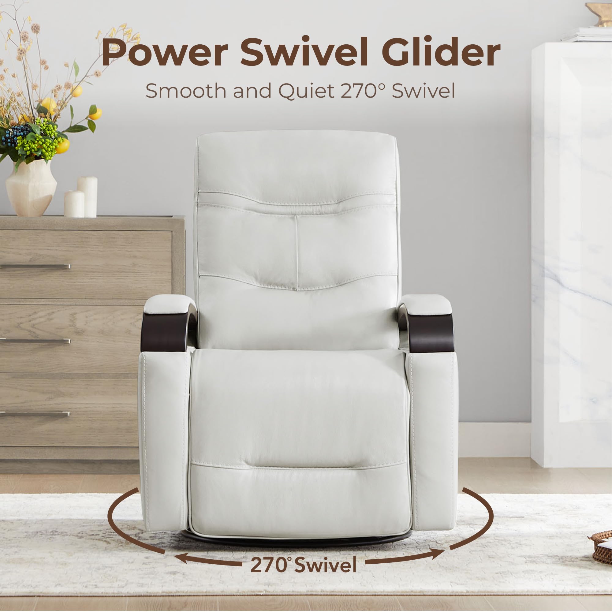 Genuine Leather Power Swivel Glider Rocker Recliner, FSC Certified Mid Century Modern Recliner Chair for Adults, Adjustable Power Headrest, for Nursery and Living Room, Creamy Grey