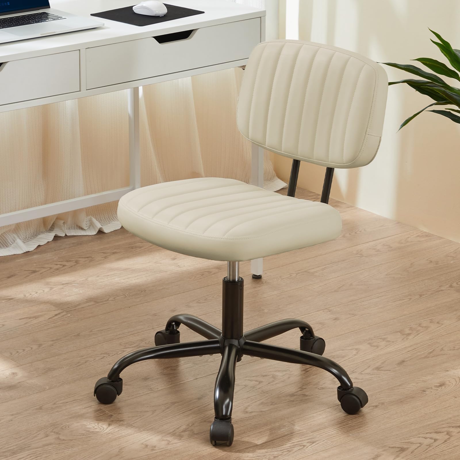 Small Office Desk Chair - Armless PU Leather with Comfy Lumbar Support, Height Adjustable Rolling Swivel Task for No Arms, for Adult, Student, Bedroom, Home, Vanity, Beige White