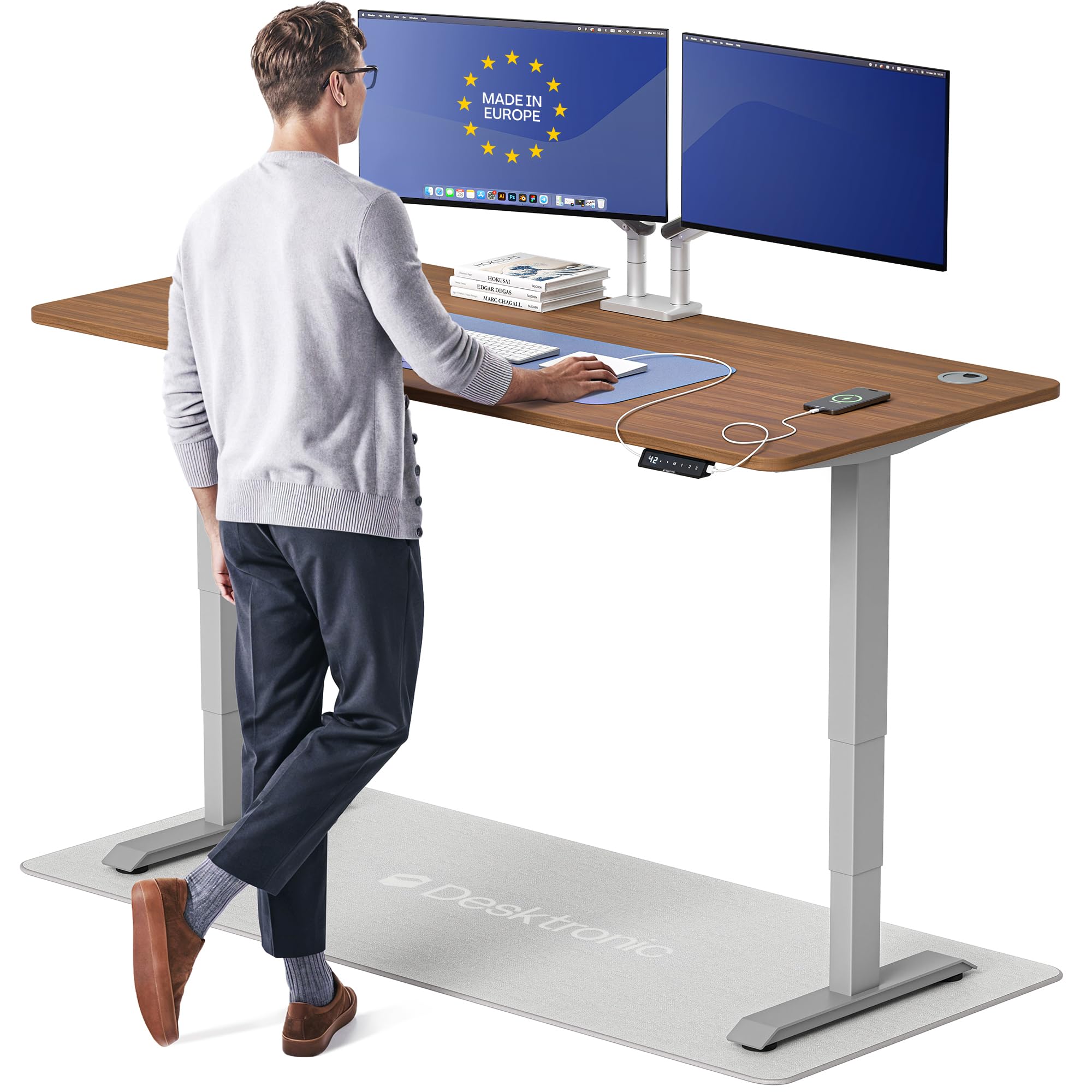 HomePro Standing Desk 70x30 — Made in Europe, Ergonomic Sit Stand Home Office Desk, Electric Height Adjustable, Dual Motor, USB & USB-C Charging, Wobble-Free, Touchscreen, 3 Memory Presets