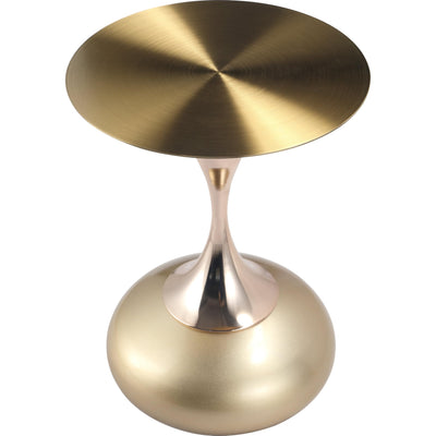 Modern Round Side Table with Gold Stainless Steel Top, Gold Pedestal Stem & Glossy Base, Accent End Table for Living Room, Bedroom, or Small Spaces, 17.7