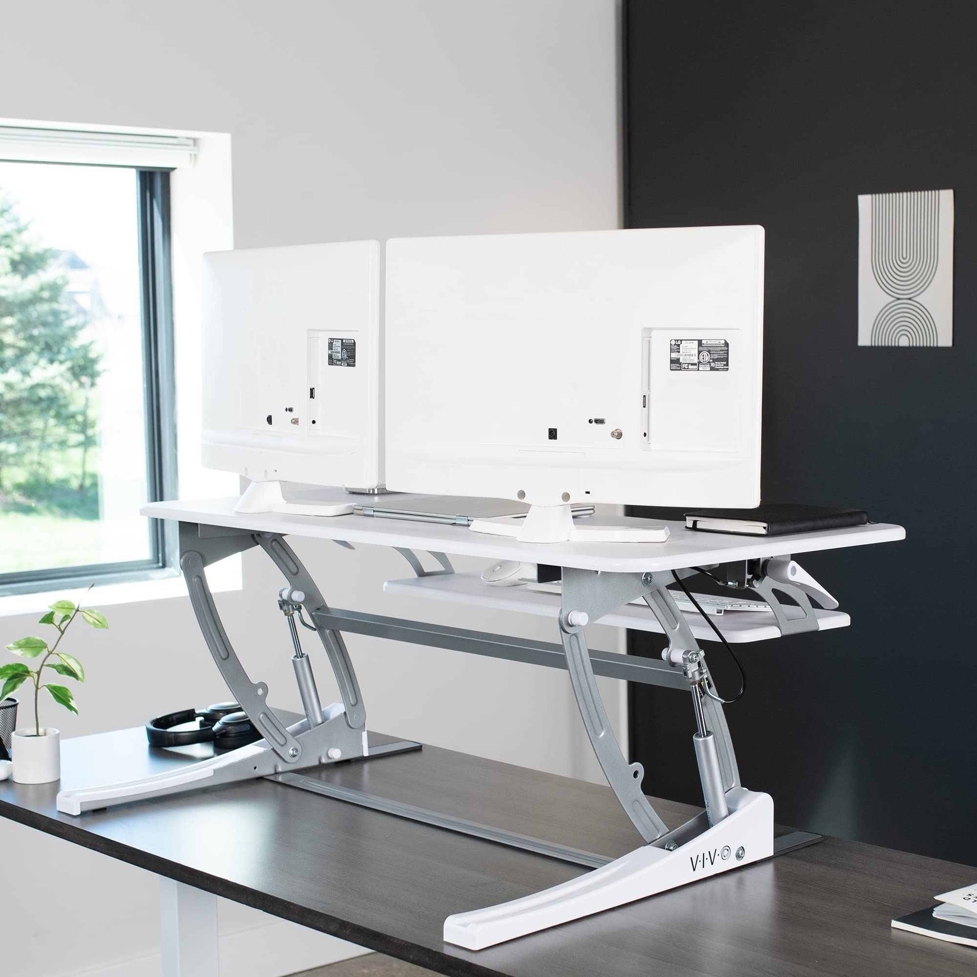 42 inch Height Adjustable Stand Up Desk Converter, V Series, Quick Sit to Stand Tabletop Dual Monitor Riser Workstation, White, DESK-V000VLW